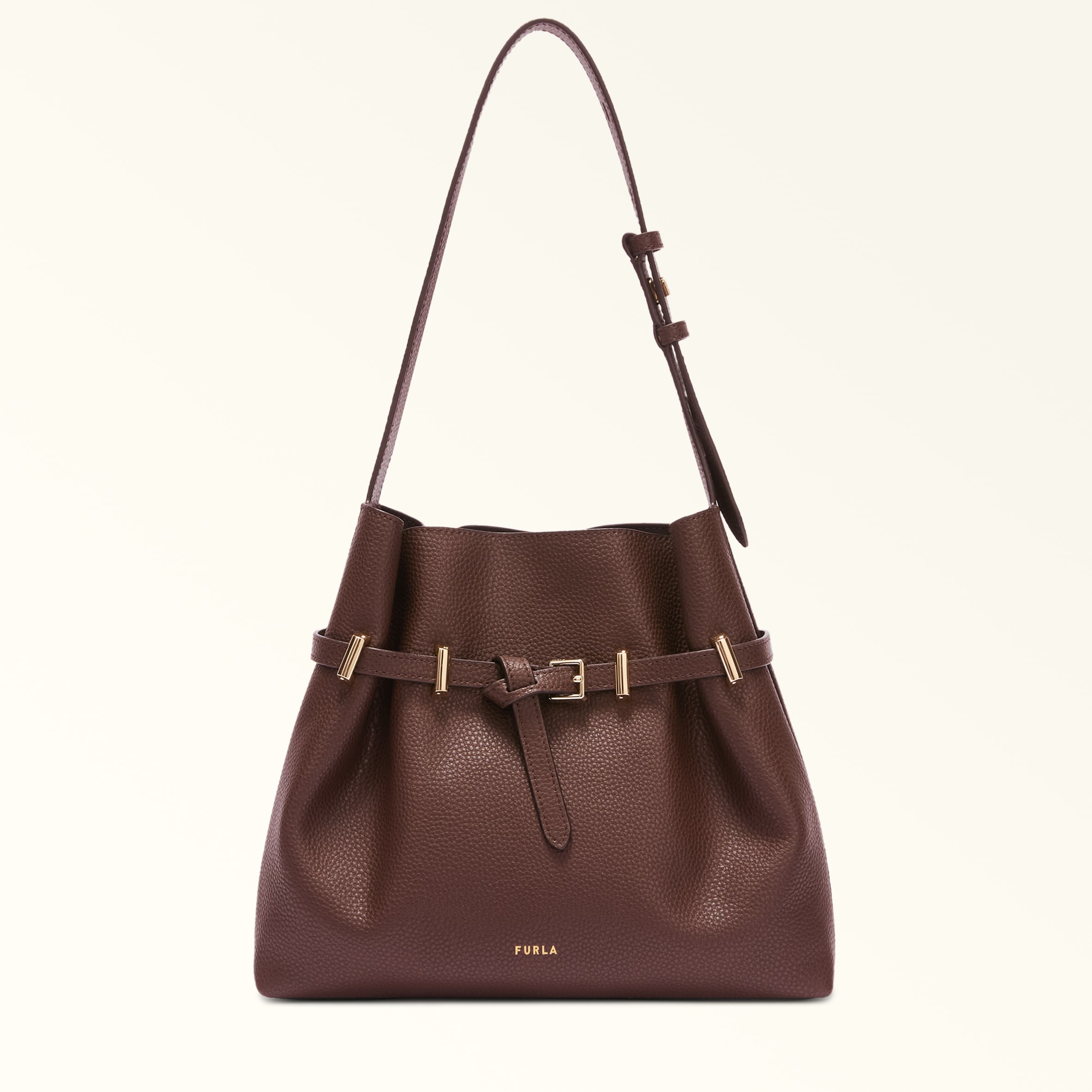 Furla Brown Aura Bucket Bag M Cioccolato Keria Grained Calf Leather Woman