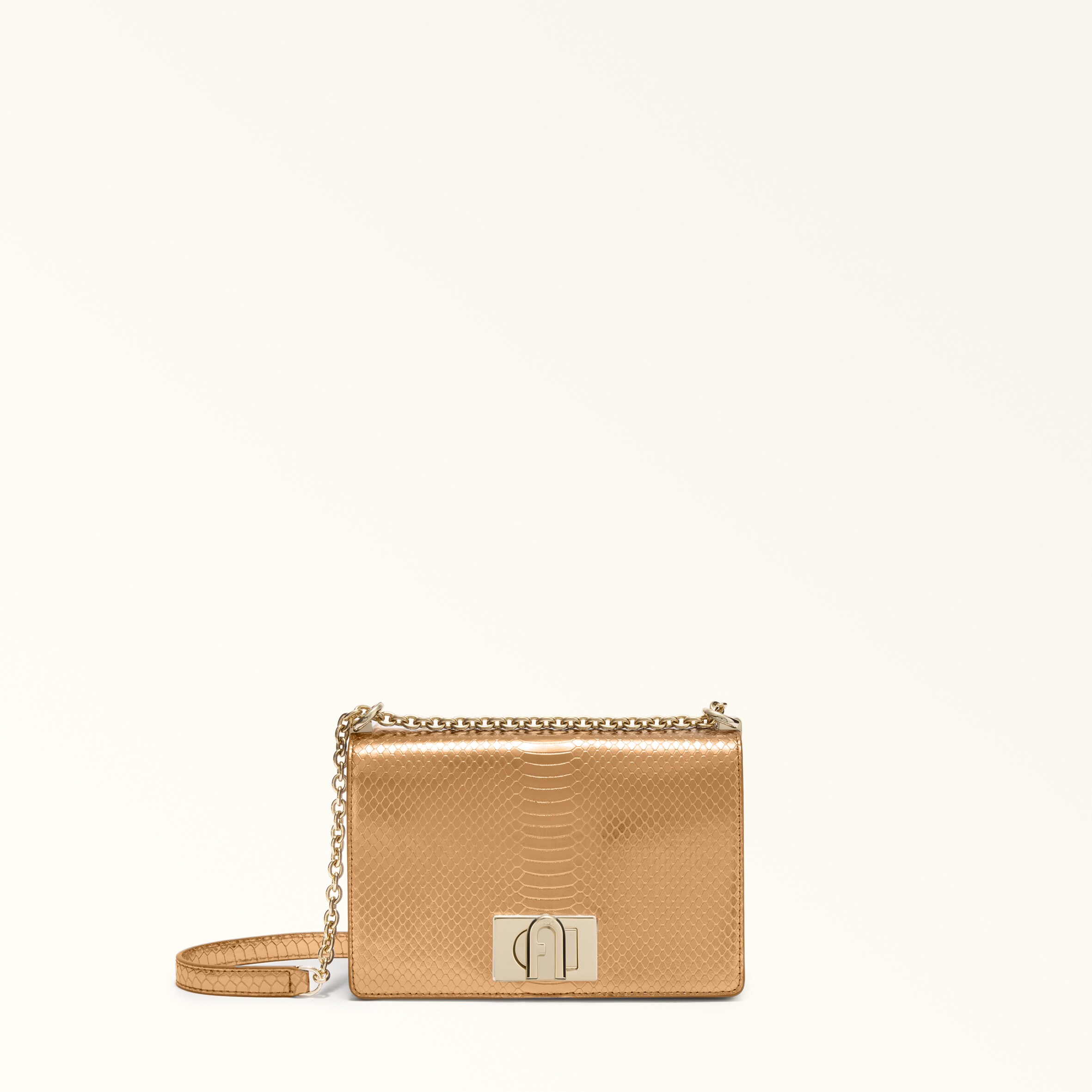 Furla 1927 Borsa A Tracolla Mini Color Bronze Pelle Con Stampa Python Whips Lamé Donna