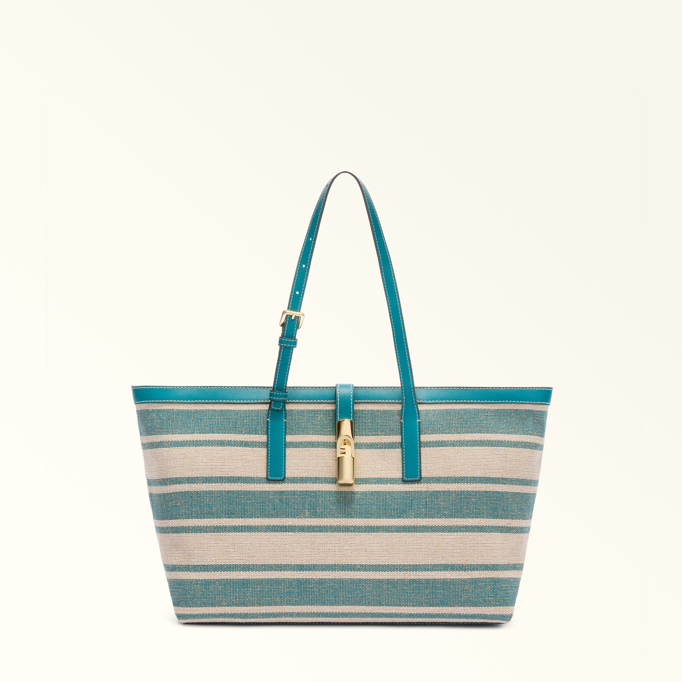Furla Debby Borsa Shopping L Toni Amatore Blue Multicolore Tessuto Canvas A Righe + Pelle Di Vitello