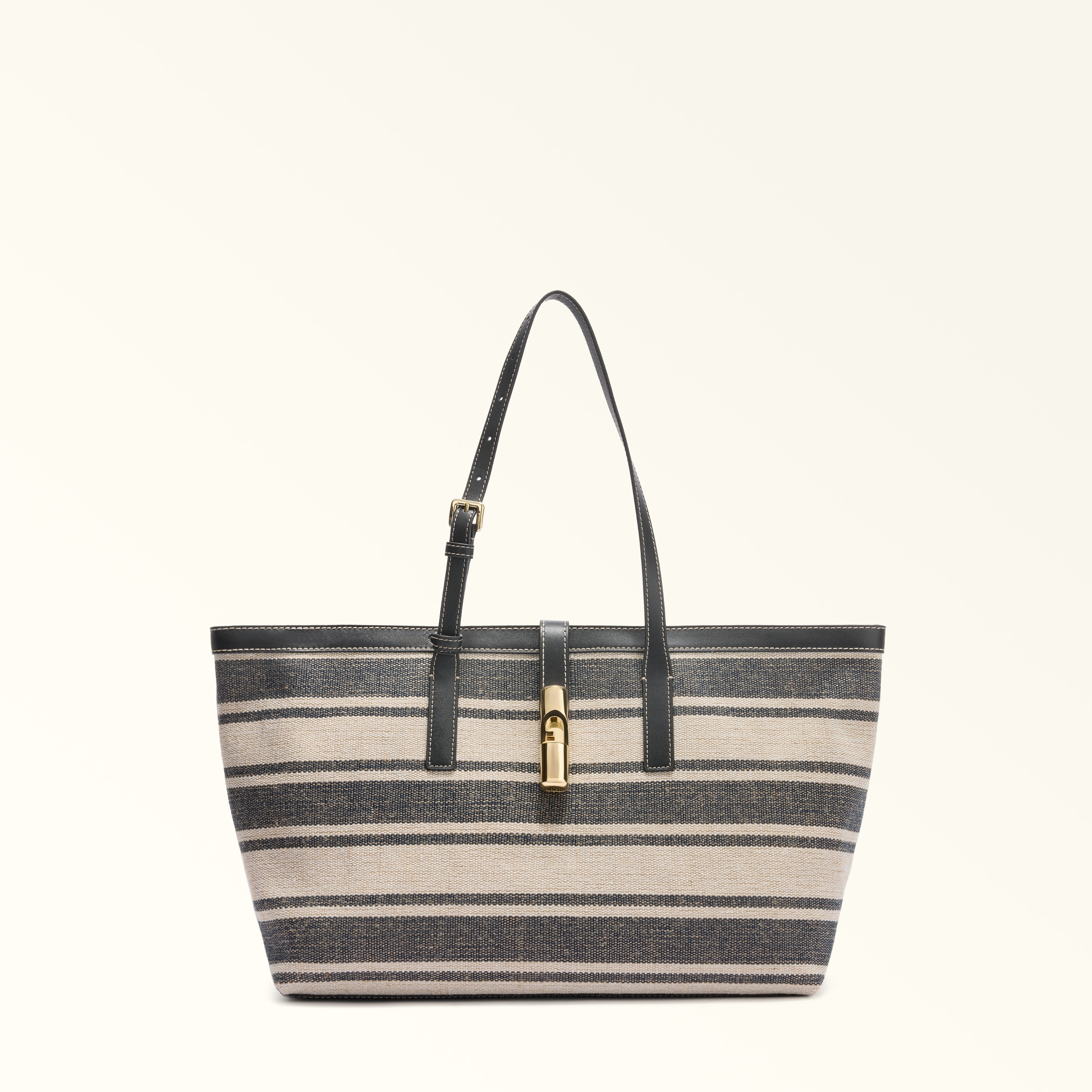 Furla Debby Borsa Shopping L Toni Indigo Tessuto Canvas A Righe + Pelle Di Vitello Sidney Donna