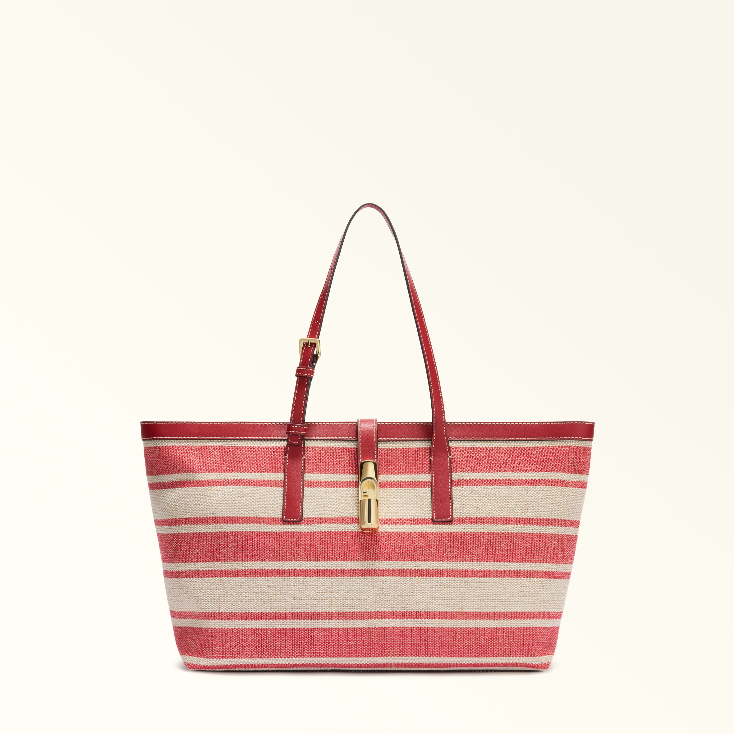 Furla Debby Borsa Shopping L Toni Lacca Tessuto Canvas A Righe + Pelle Di Vitello Sidney Donna