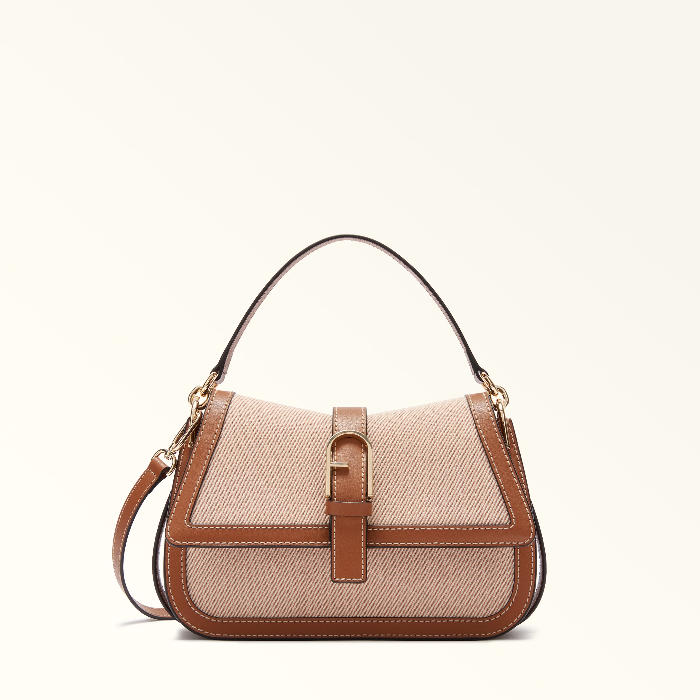 Furla Brown Flow Top Handle M Toni Cognac Canvas Fabric + Sidney Calf Leather Woman