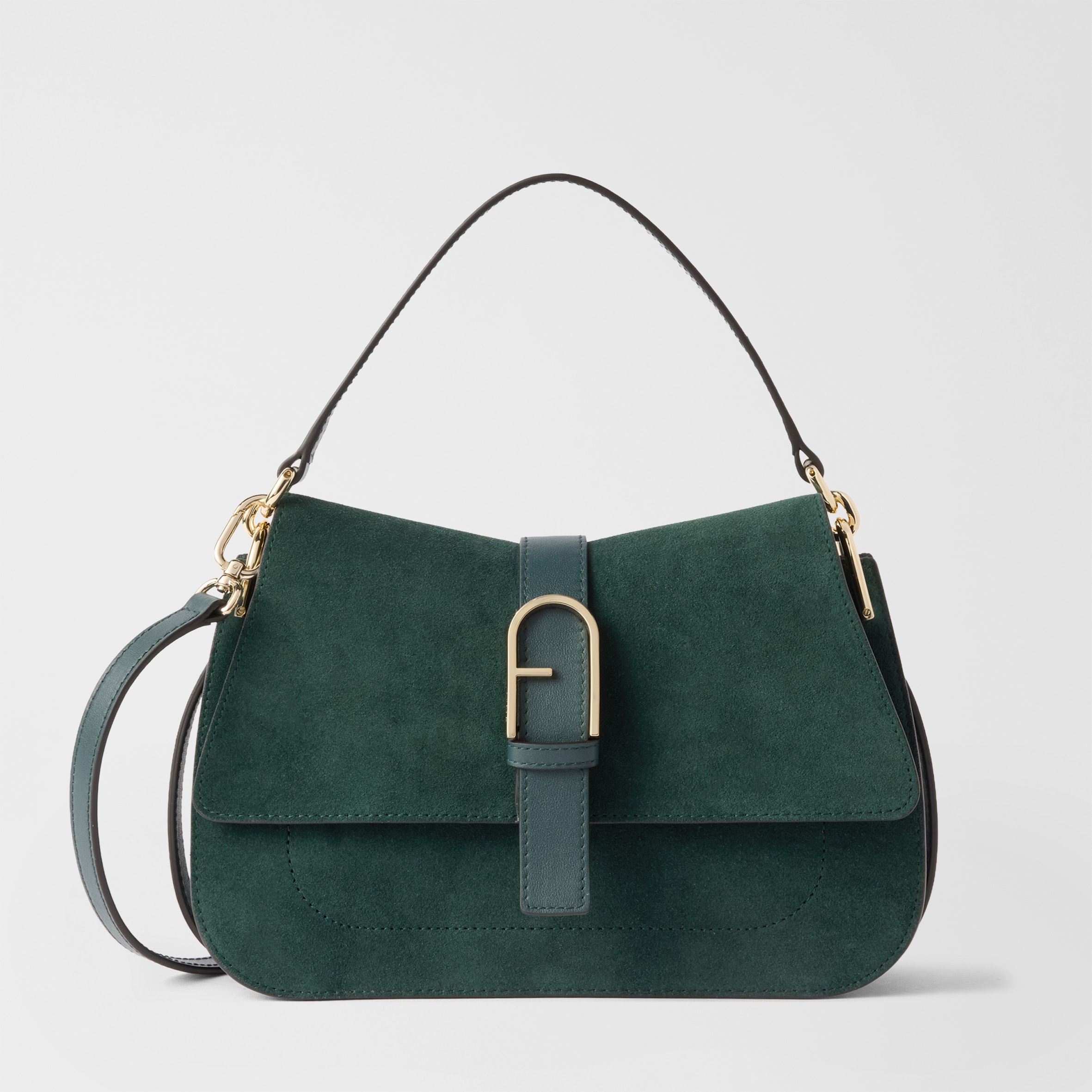 Furla Donna Verde Flow Borsa A Mano M Toni Dark Forest Camoscio + Pelle Di Vitello Claris Lux