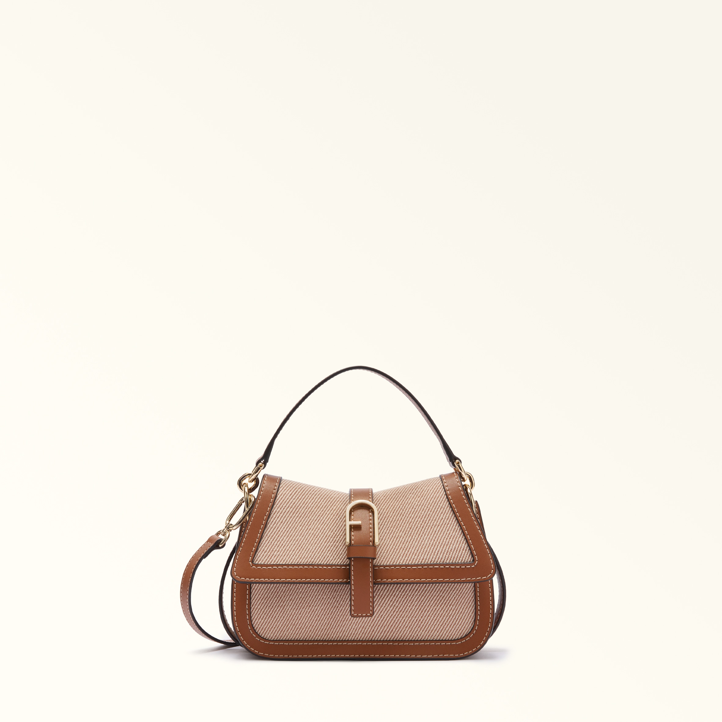 Furla Brown Flow Top Handle Mini Toni Cognac Canvas Fabric + Sidney Calf Leather Woman