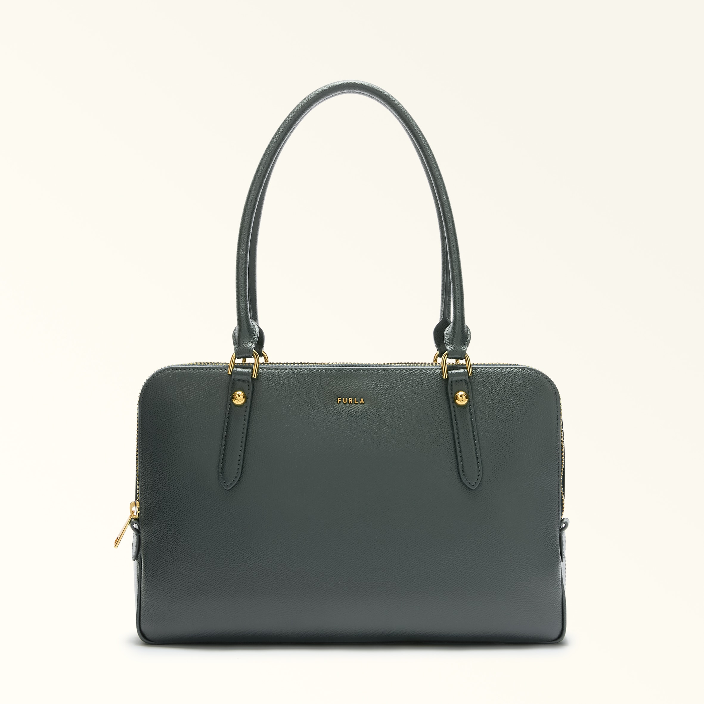 Furla Giulia Boston Bag L Deep Green Textured Leather + Suede Woman