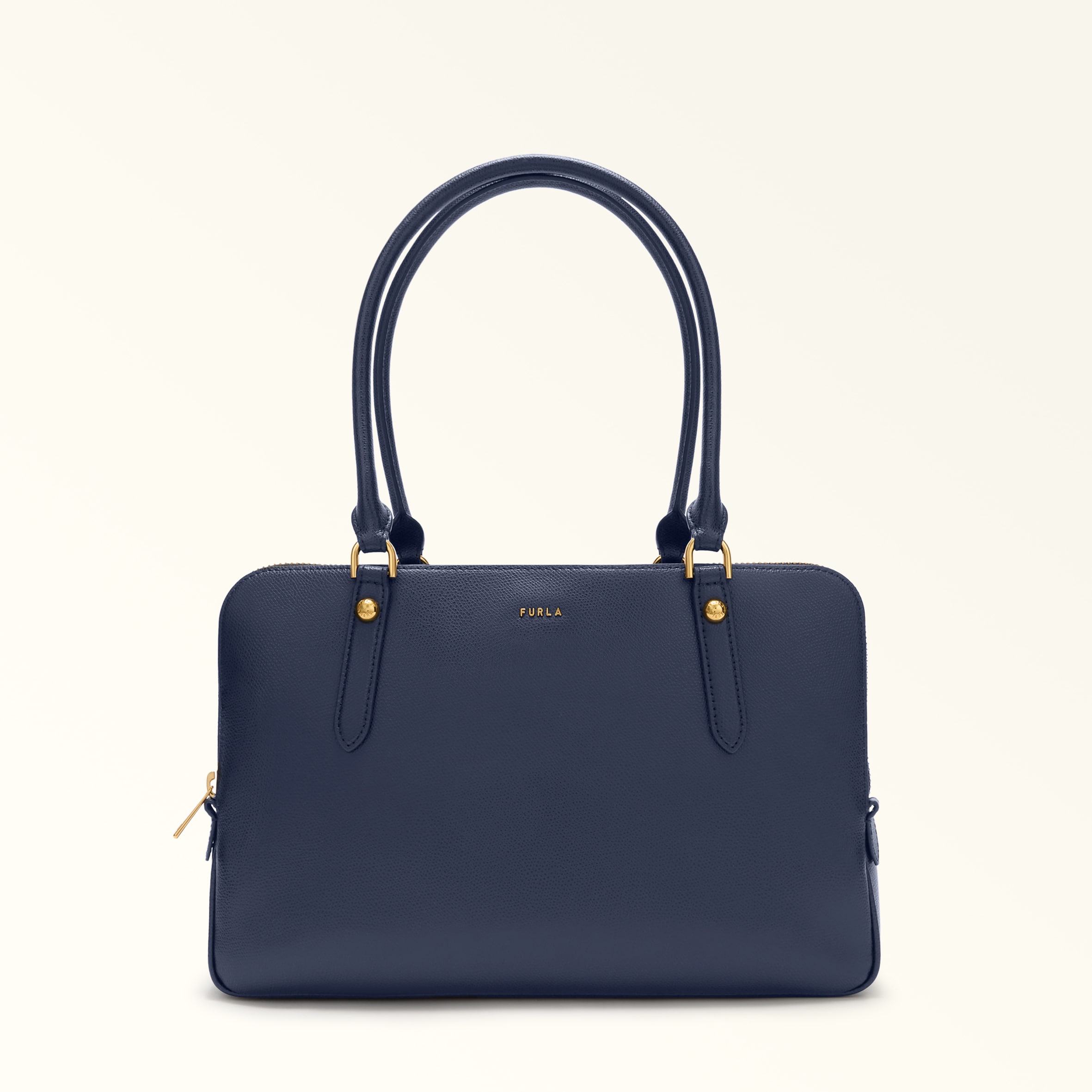 Furla Giulia Boston Bag L Mediterraneo Blue Textured Leather + Suede Woman