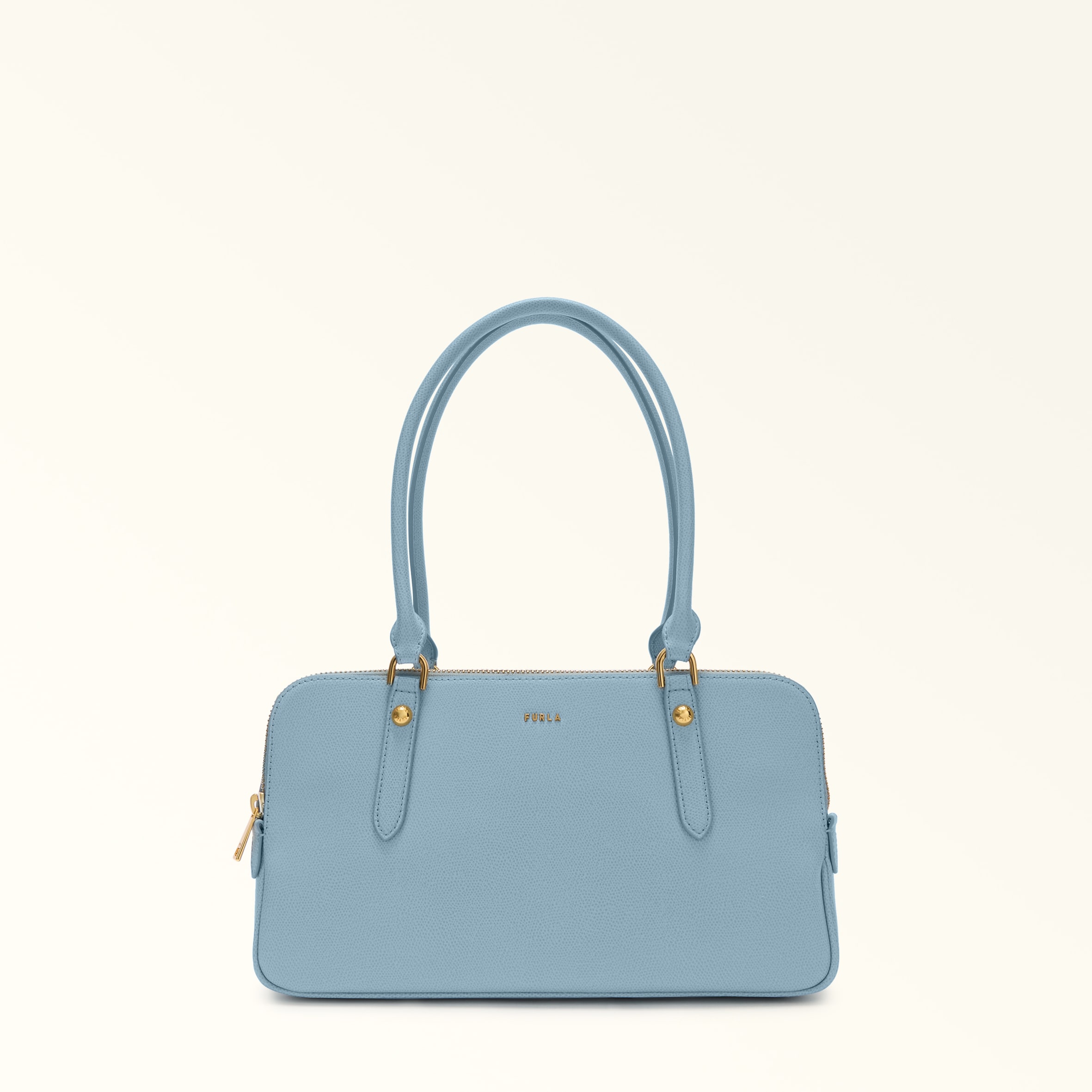 Furla Giulia Boston Bag M Carta Da Zucchero Blue Textured Leather + Suede Woman