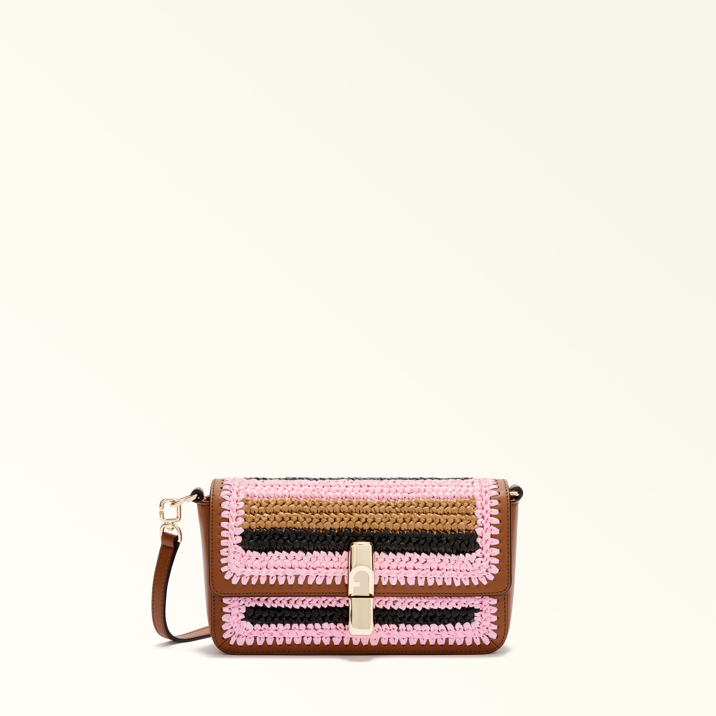 Furla Brown Iride Crossbody S Toni Cognac Crochet Stripes Fabric + Sidney Calf Leather Woman