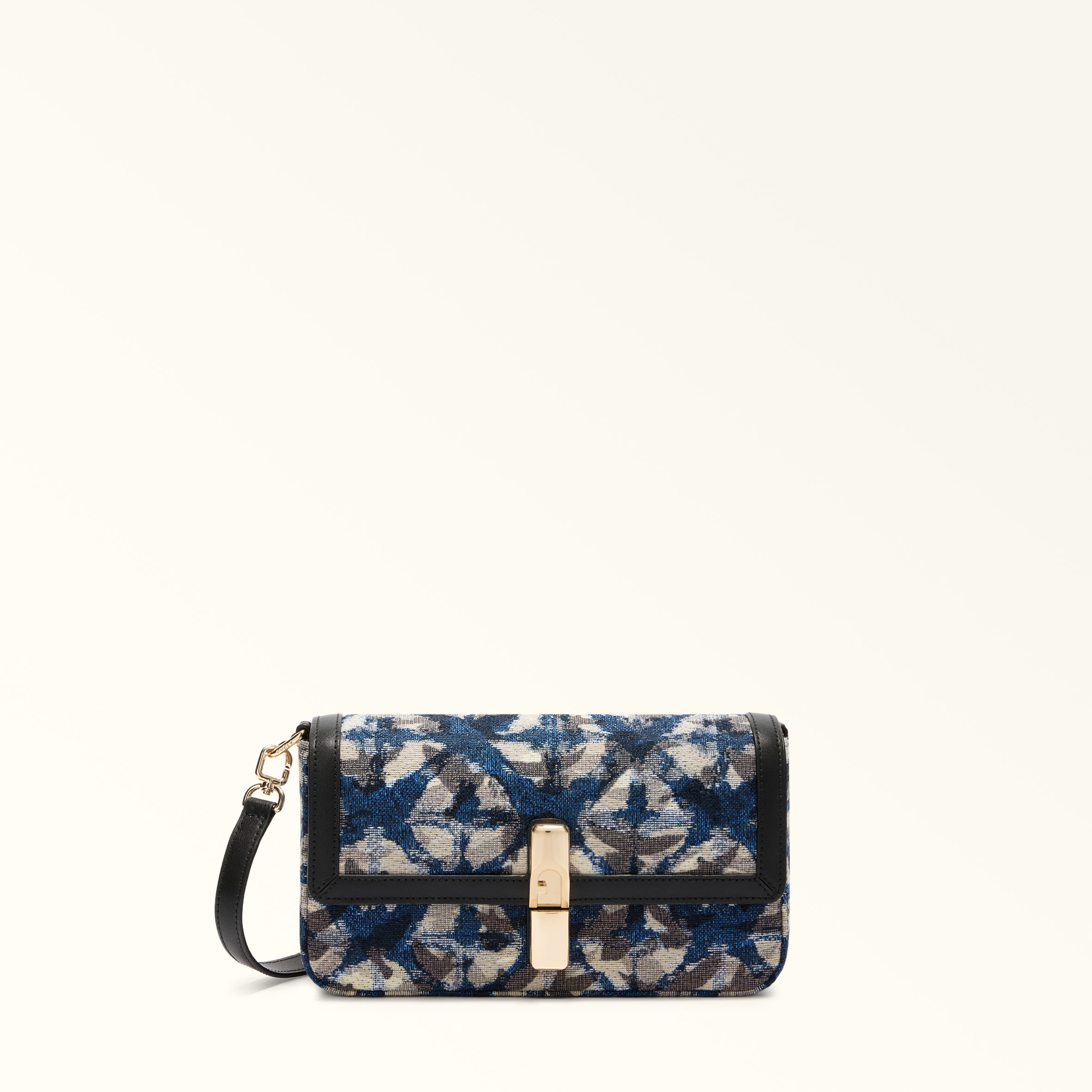 Furla Black Iride Crossbody S Toni Nero Flowers Jacquard Fabric + Sidney Calf Leather Woman