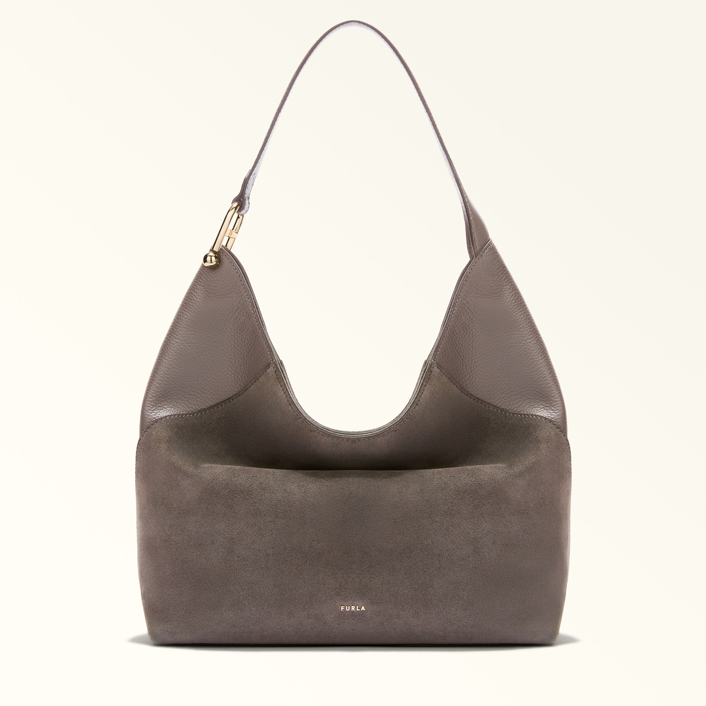 Furla Lara Shoulder Bag L Toni Urban Gray Suede + Grained Calf Leather Woman In Gray