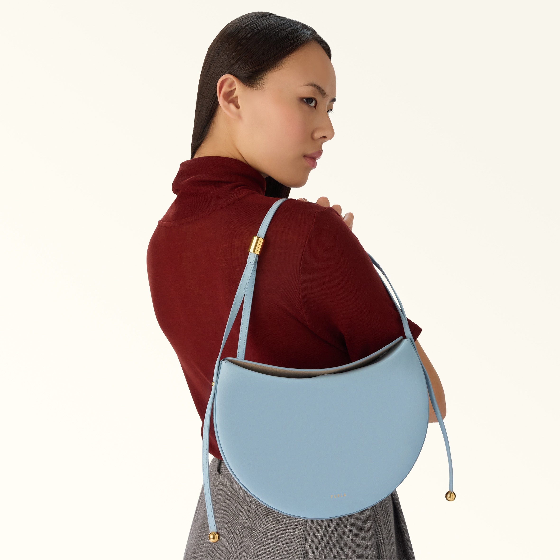 FURLA COSTANZA S MOONSTONE 本革 巾着 バッグ レザー FURLA Costanza Gray Leather Drawstring Top Handle Bucket Shoulder
