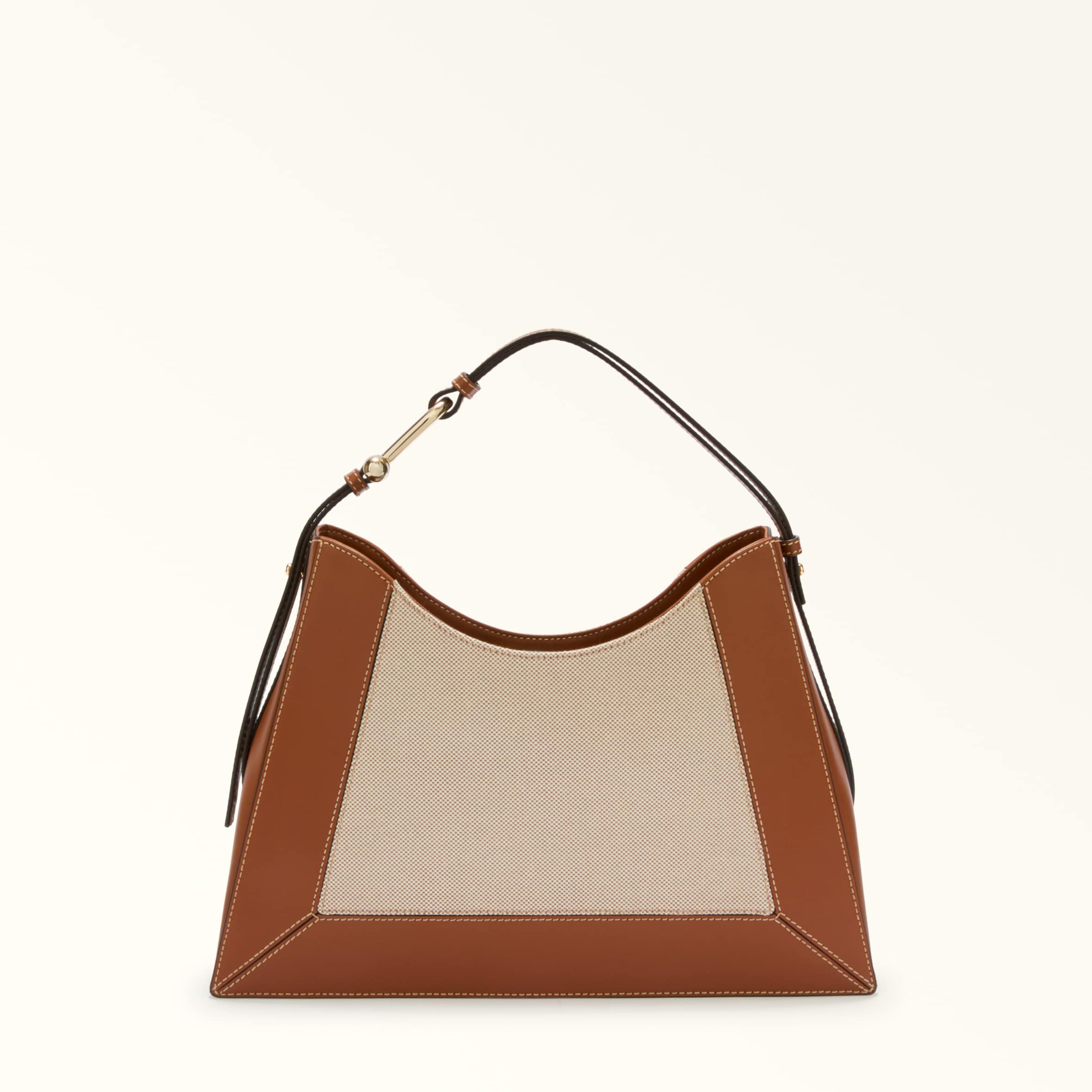 Furla Nuvola Borsa A Spalla L Toni Cognac Marrone Pelle Di Vitello Morbida + Tessuto Di Canvas Donna