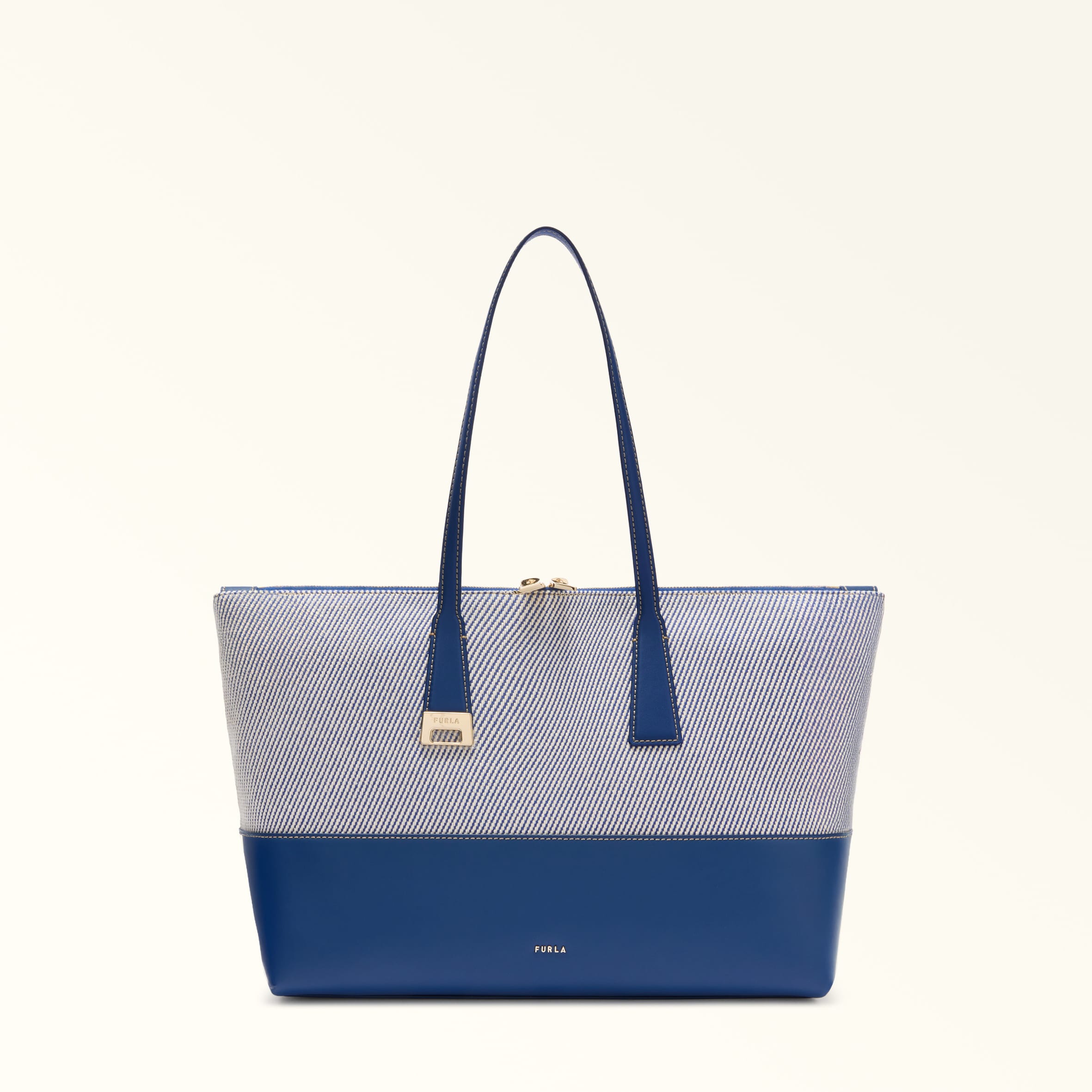 Furla Donna Blu Olivia Borsa Shopping L Toni Indigo Tessuto Canvas + Pelle Di Vitello Sidney