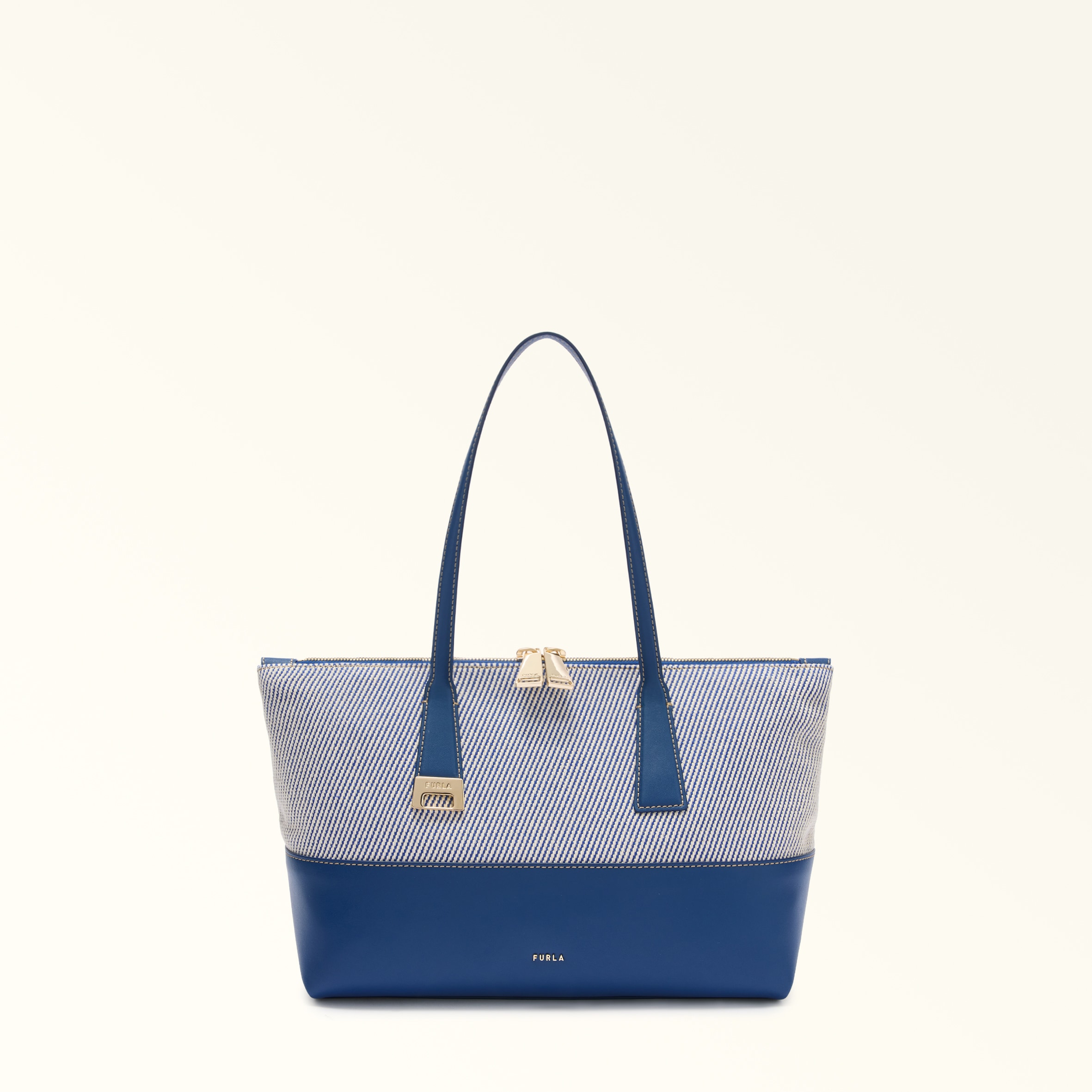 Furla Indigo Olivia Tote M Toni Canvas Fabric + Sidney Calf Leather Woman