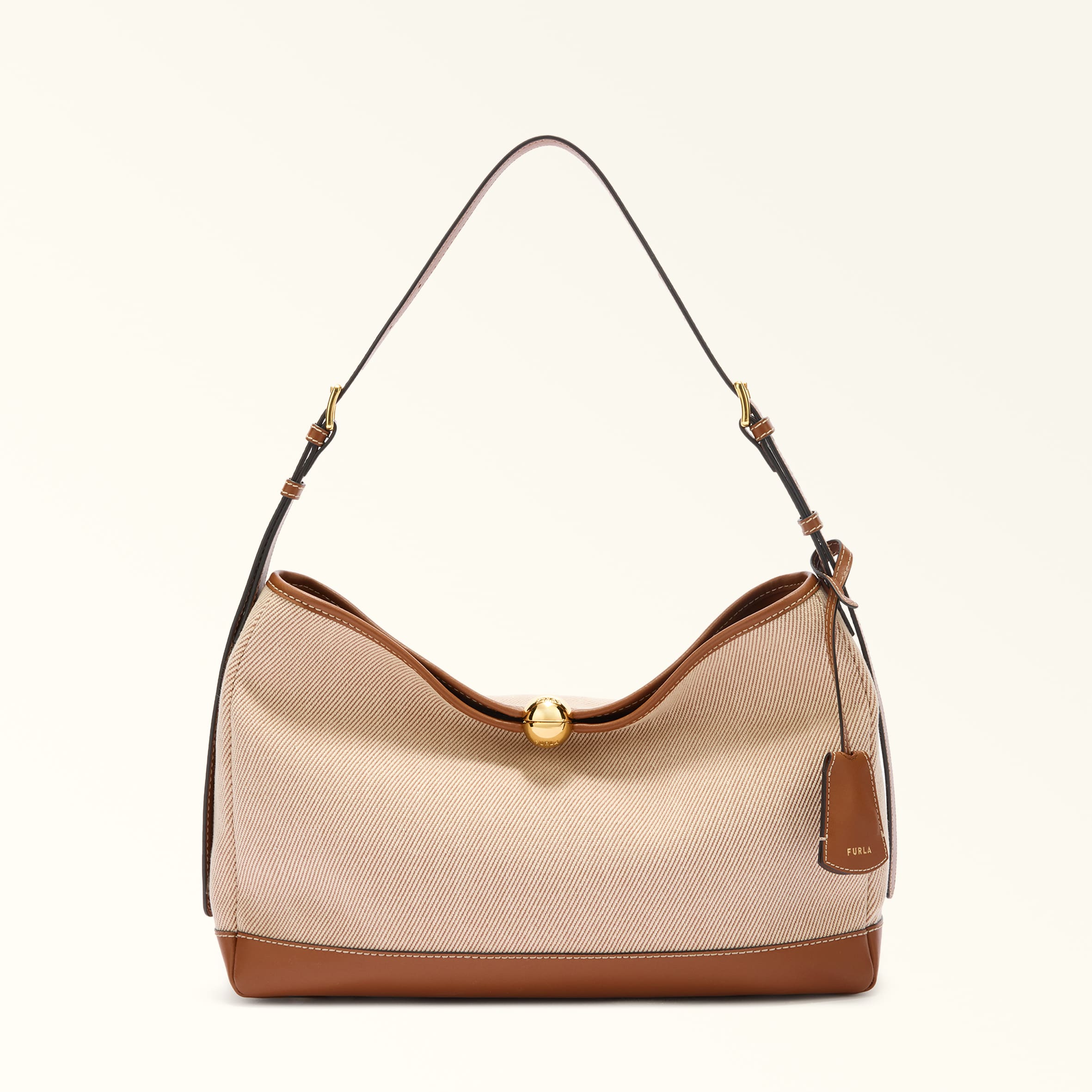 Furla Donna Marrone Sfera Soft Borsa A Spalla L Toni Cognac Tessuto Di Canvas + Pelle Di Vitello Sidney
