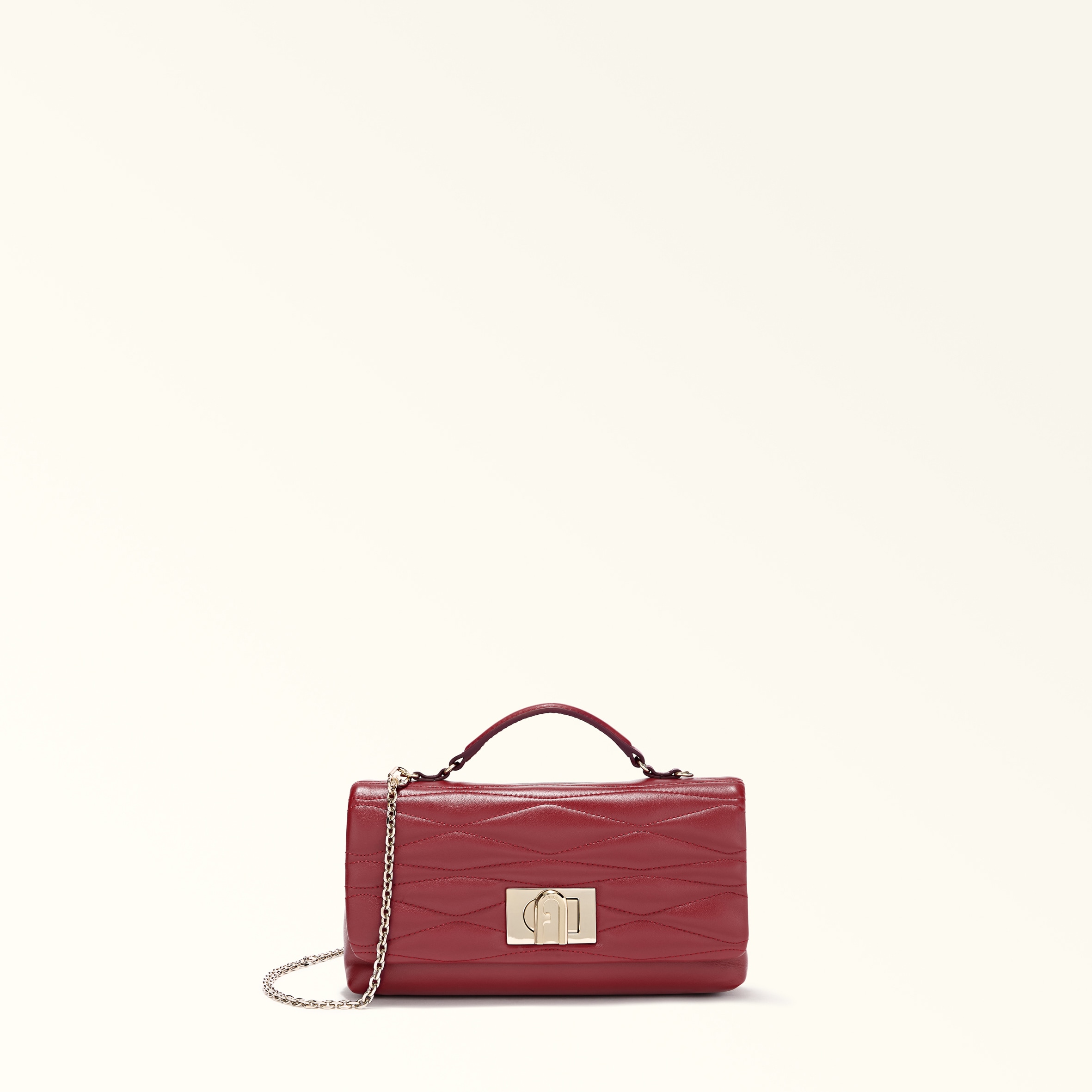Furla Donna Rosso 1927 Borsa Mini L Ciliegia D Nappa Di Pelle Di Vitello Di Lusso Trapuntata Dattero + Pelle Nappa