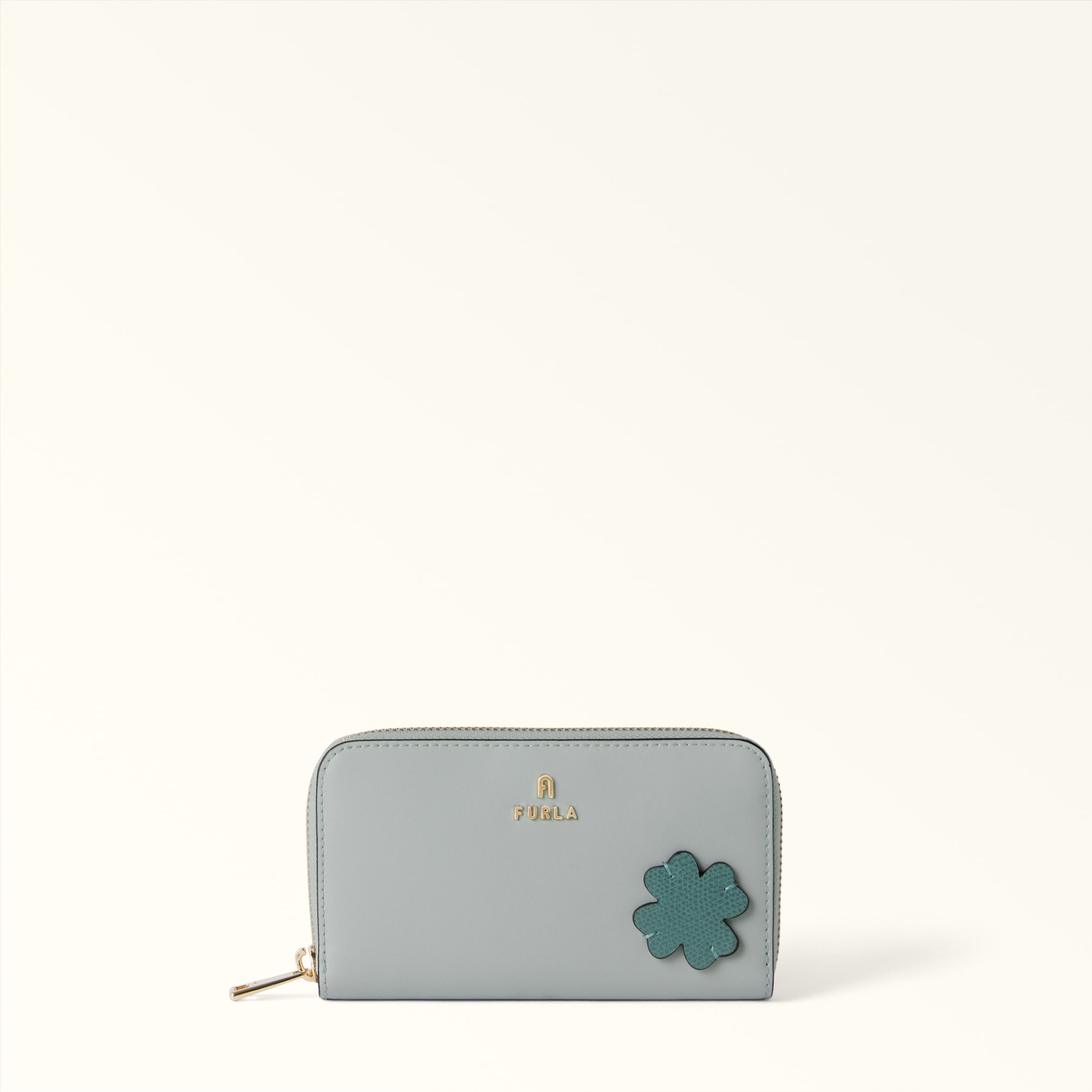 Furla Gray/Blue Camelia Zip Around L Toni Nebbia Sidney Calf Leather + Patch Four Leaft-Clover Woman