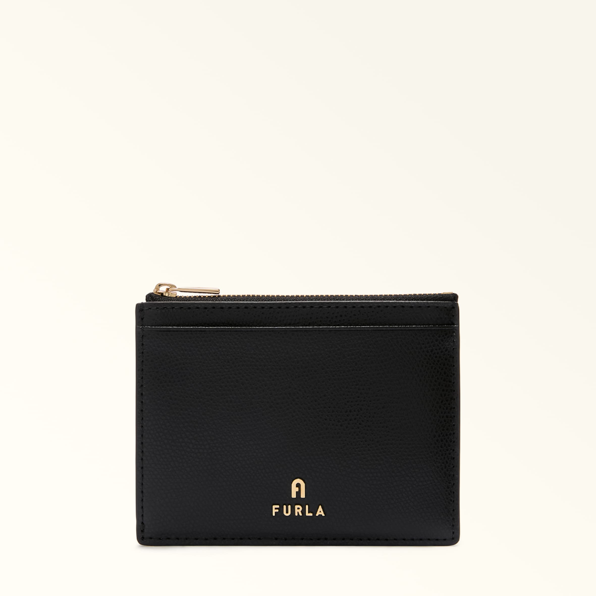 Furla Black Camelia Card Case Nero Textured Leather Woman