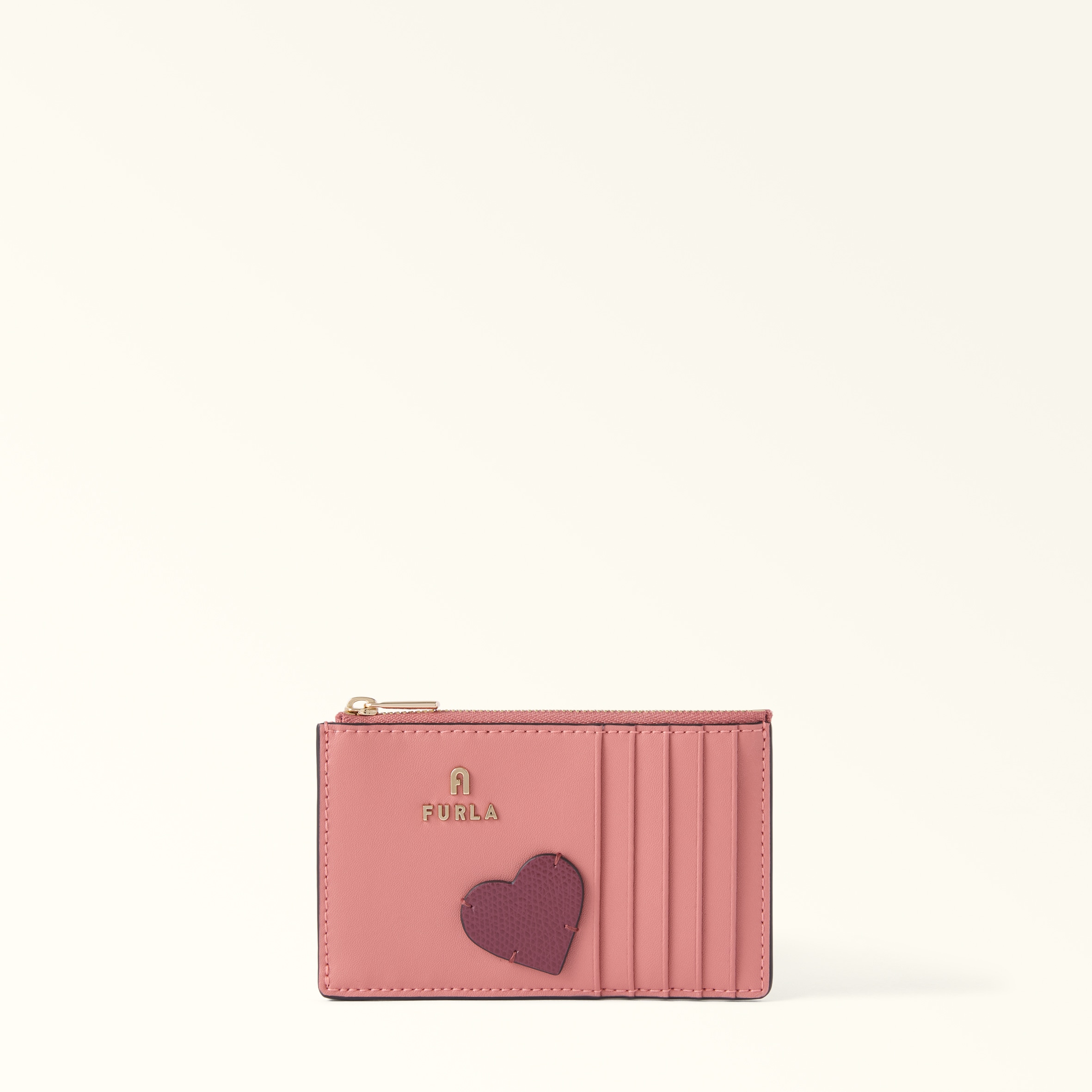 Furla Camelia Card Case M Toni Rosewood Pink Sidney Calf Leather + Heart Patch Woman