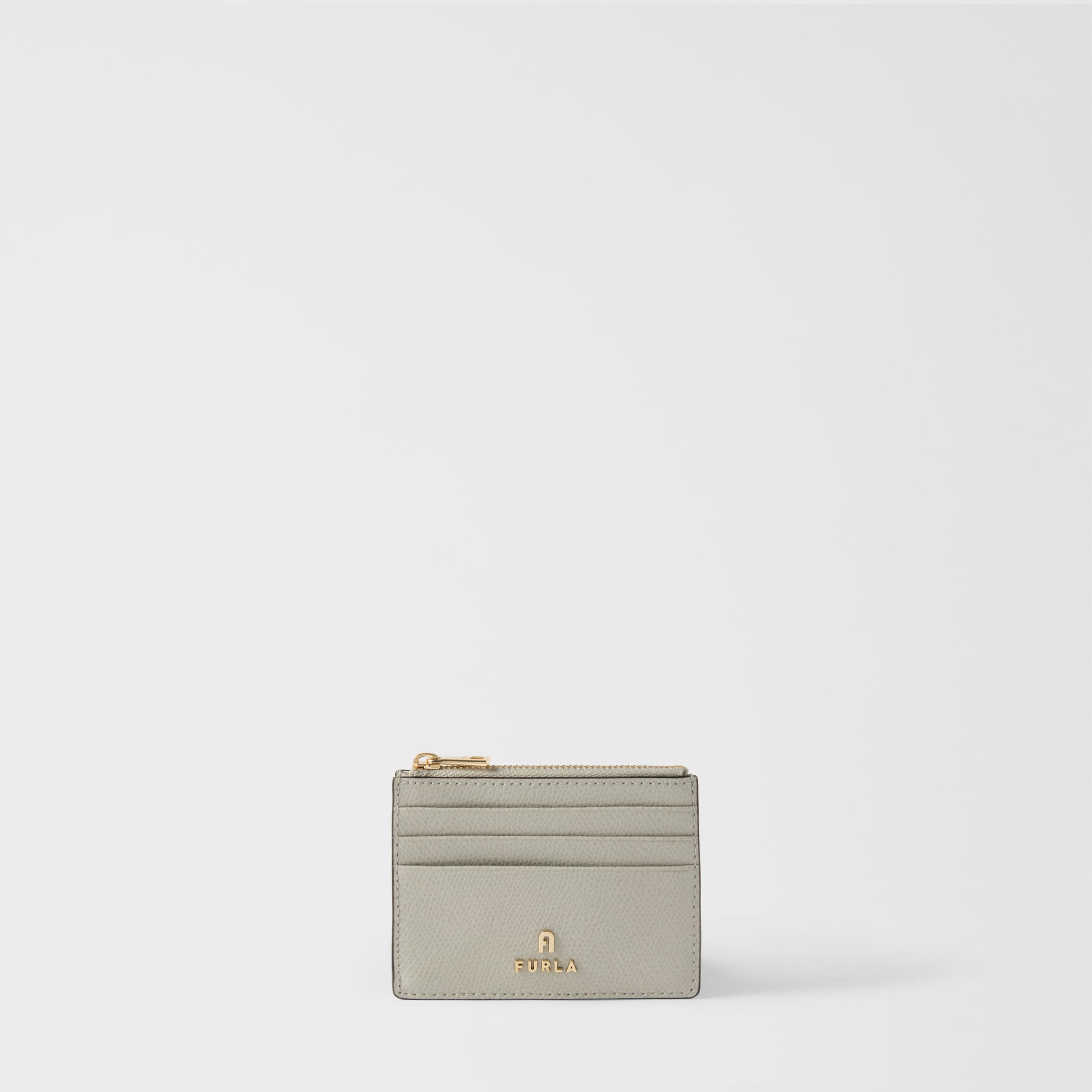 Furla Camelia Card Case S Stone Gray Grey Textured Leather Woman In Grigio