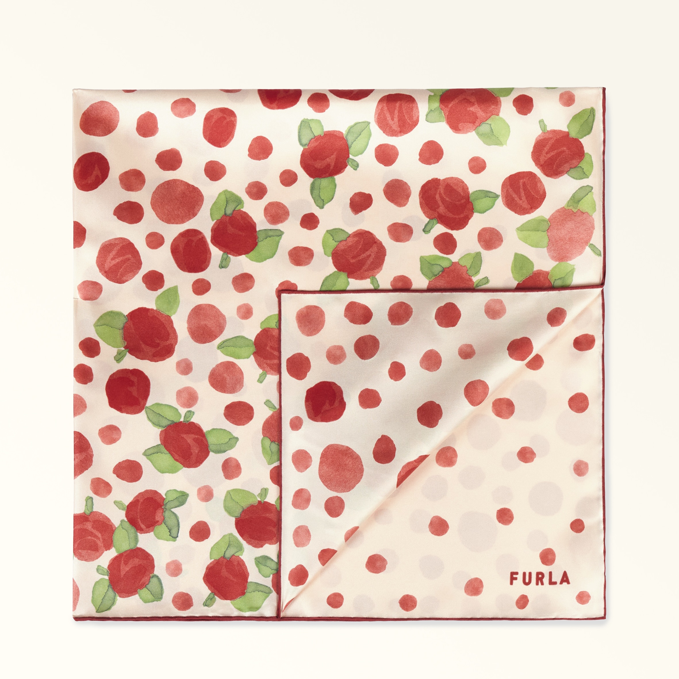 Furla Tortona Sciarpa Rosso Veneziano Rosso Twill Di Seta Con Stampa Rose Pois Donna