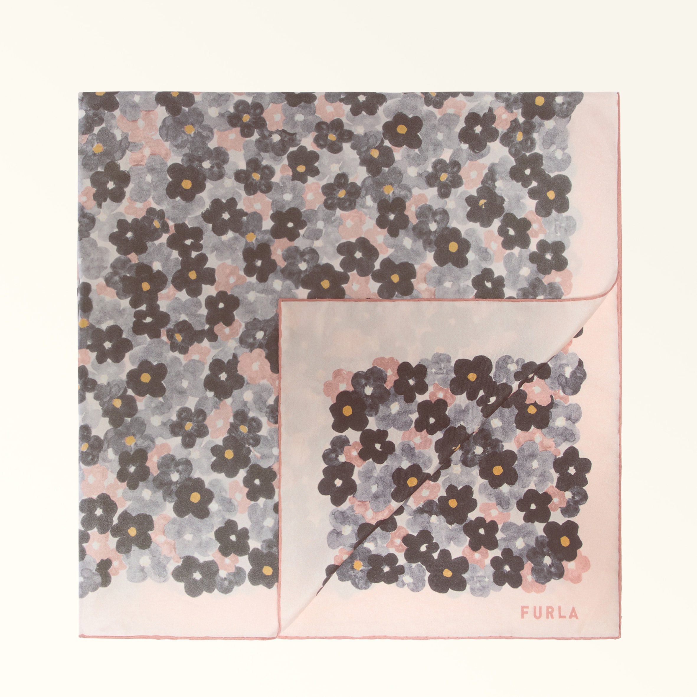 Furla Tortona Sciarpa Toni Urban Gray Twill Di Seta Stampa Macroflower Donna In Pink